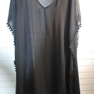 West Loop Sheer Black Pom Pom Swim Bathing Suit Cover-Up